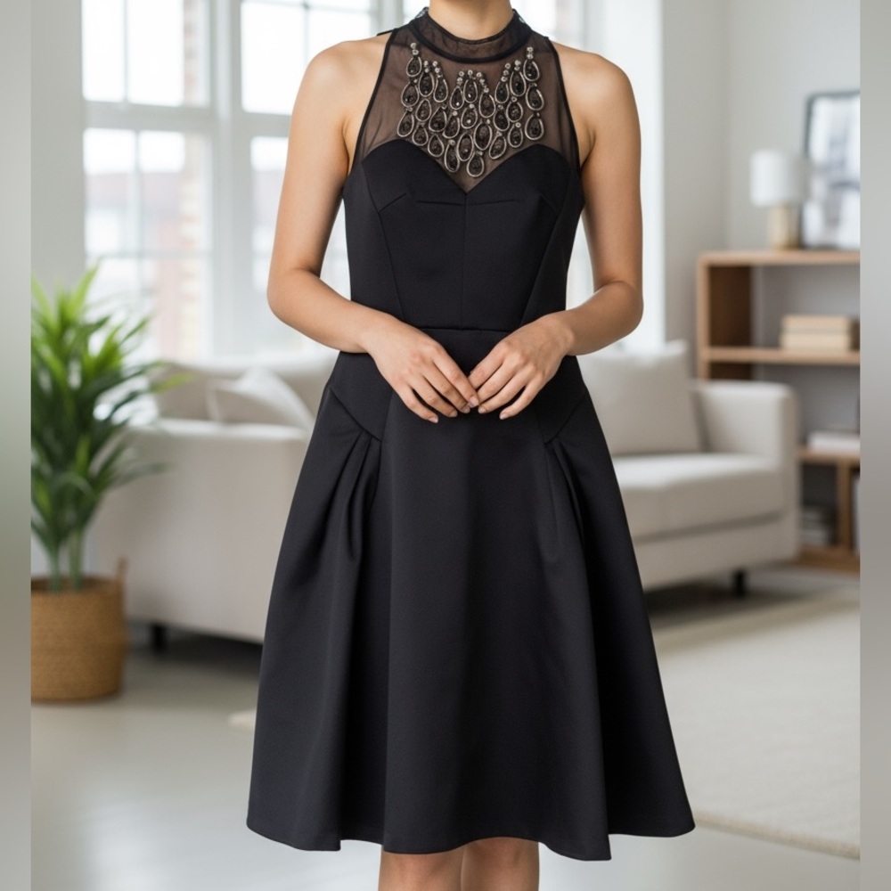MILLY Black Beaded Embelilished Classy Chic Designer Cocktail Dress Size 2